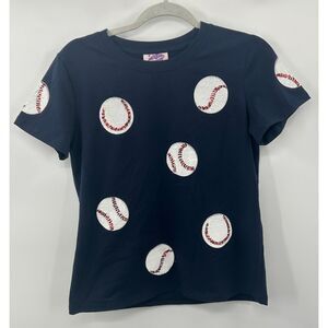 NWT Sparkle City Fly Balls NAVY Blue Baseball Tee Sequin T Shirt Small